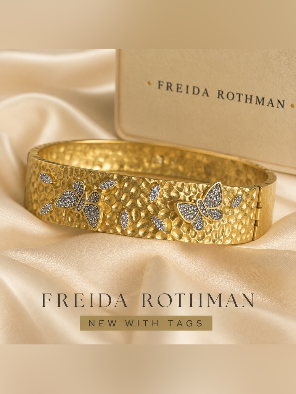 Frida Rothman Matte Gold over 925 Butterfly Bangle Bracelet with Crystal Accent
